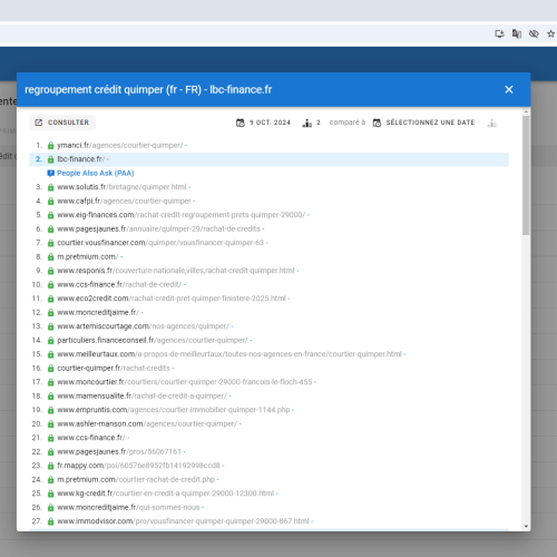Le site lbc-finance.fr se positionne en haut de Google pour le mot-clé ' regroupement crédit Quimper '