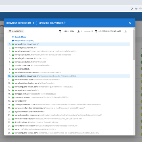 Le site artezinc-couverture.fr se positionne en haut de Google pour le mot-clé ' couvreur Bénodet '