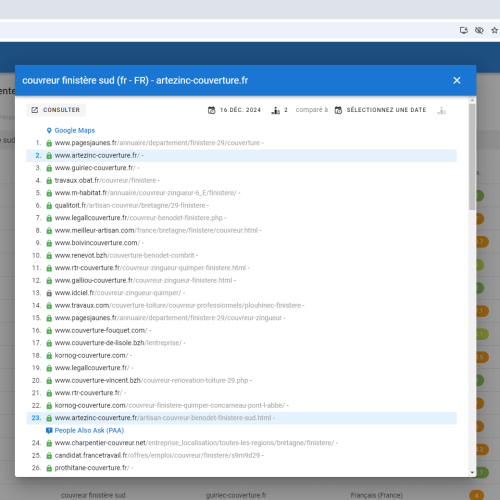 Le site artezinc-couverture.fr se positionne en haut de Google pour le mot-clé ' couvreur Finistère sud '