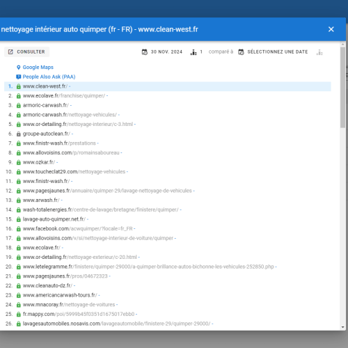 Le site clean-west.fr se positionne en haut de Google pour le mot-clé ' nettoyage intérieur auto Quimper '