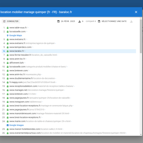 Le site baraloc.fr se positionne en 1re page de Google pour le mot-clé ' location mobilier mariage Quimper '