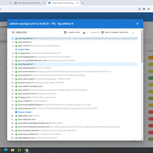 Le site tlg-sellerie.fr se positionne en haut de Google pour le mot-clé ' sellerie nautique Port la Forêt '