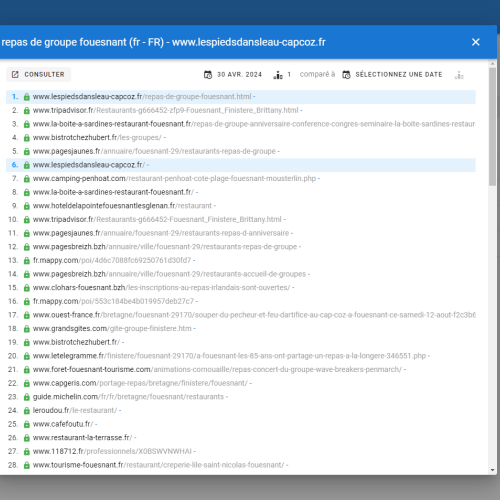 Le site lespiedsdansleau-capcoz.fr se positionne en haut de Google pour le mot-clé ' repas de groupe Fouesnant '