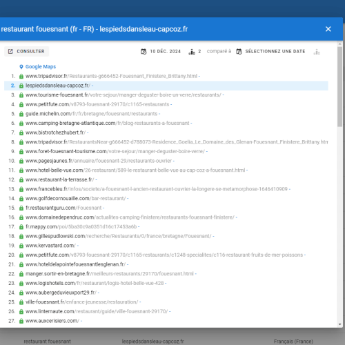 Le site lespiedsdansleau-capcoz.fr se positionne en haut de Google pour le mot-clé ' restaurant Fouesnant '