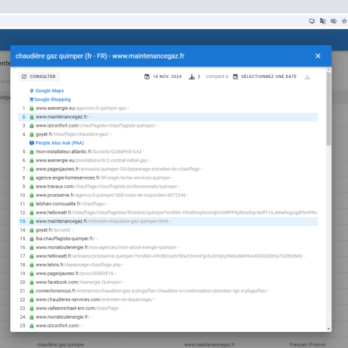 Le site maintenancegaz.fr se positionne en haut de Google pour le mot-clé ' chaudière gaz Quimper '