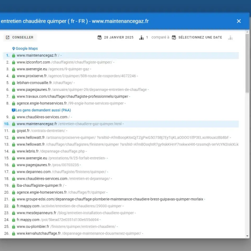 Le site maintenancegaz.fr se positionne en haut de Google pour le mot-clé ' entretien chaudière Quimper '